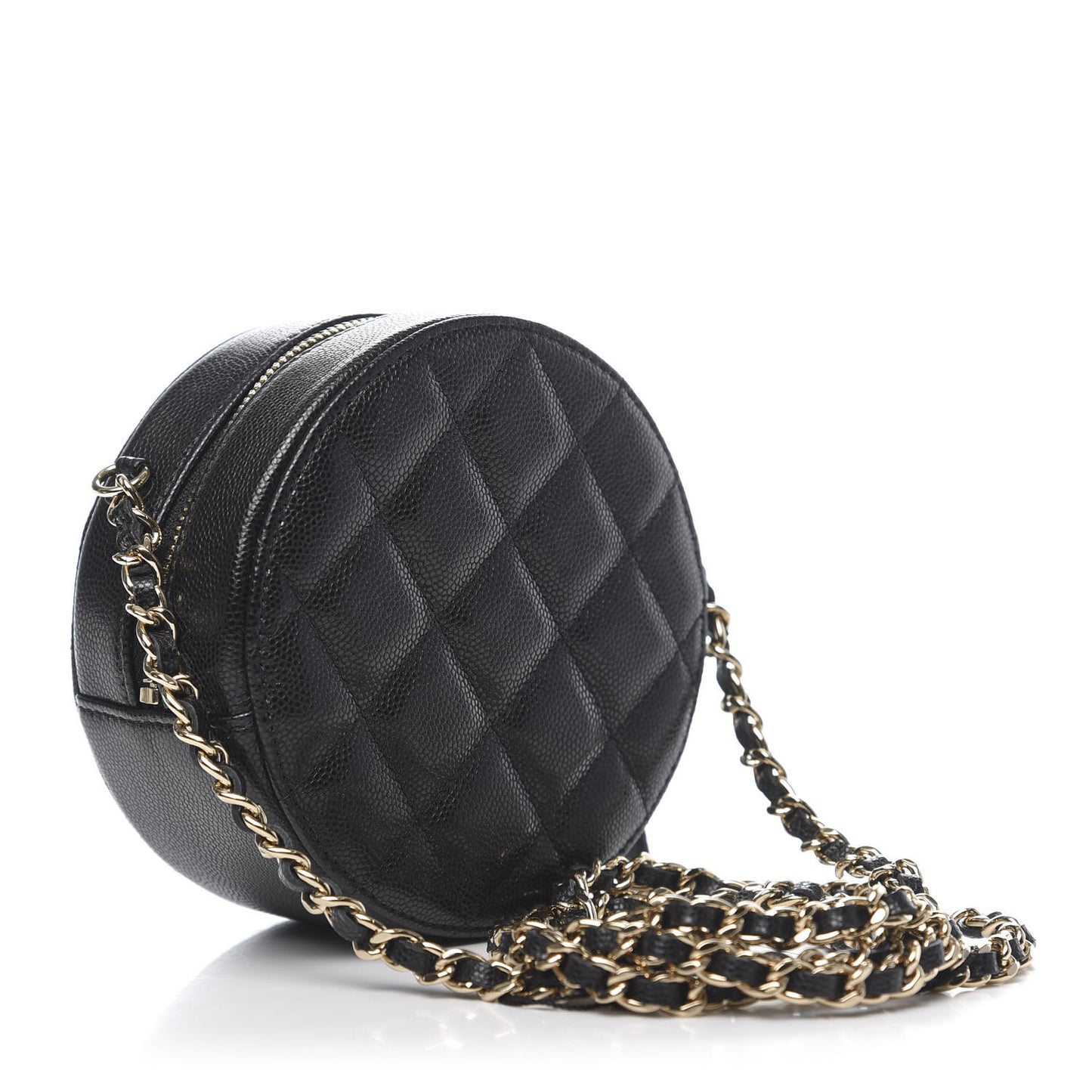 Caviar Quilted French New Wave Round Clutch With Chain Black