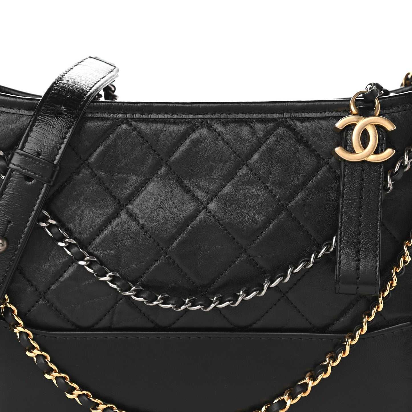 Aged Smooth Calfskin Quilted Medium Gabrielle Logo Hobo Black