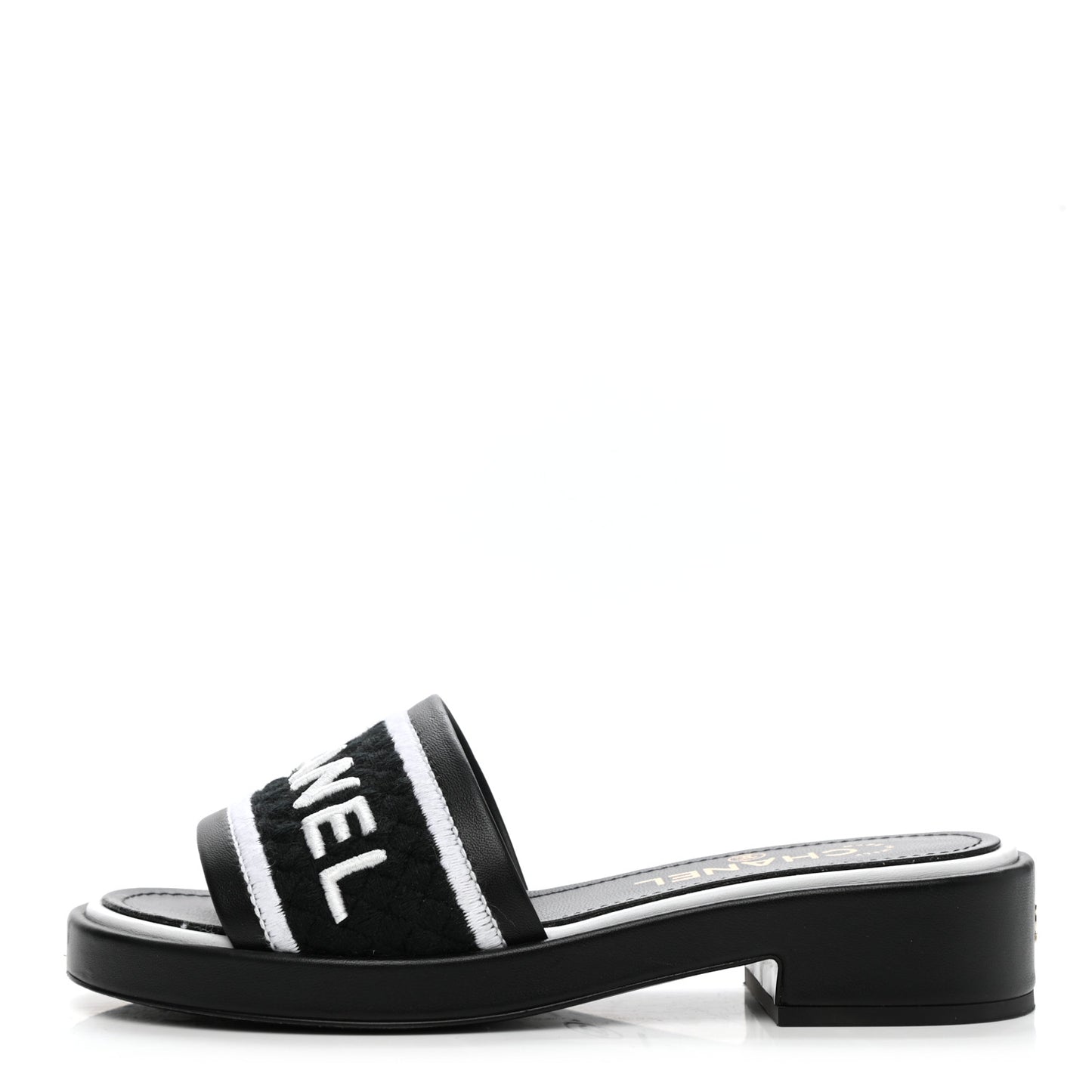 Lambskin Embroidered CC Mule Sandal 36 Black White
