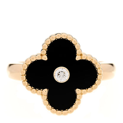 Van Cleef & Arpels 18K Yellow Gold Diamond Black Onyx Vintage Alhambra Ring 52 6 1 of 6