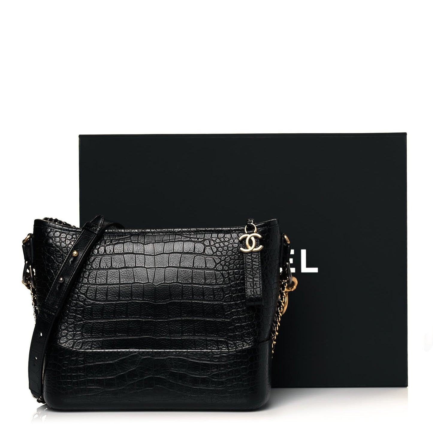Crocodile Embossed Calfskin Medium Gabrielle Cocodile Hobo Black