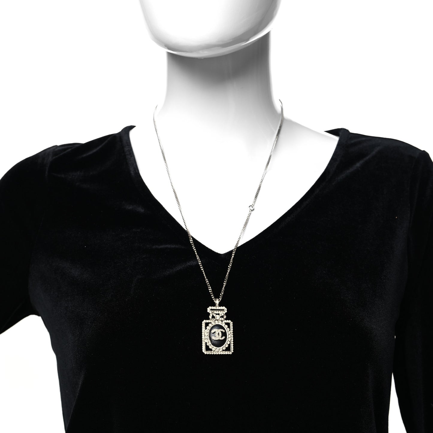 Crystal CC Perfume Bottle Necklace Black Silver