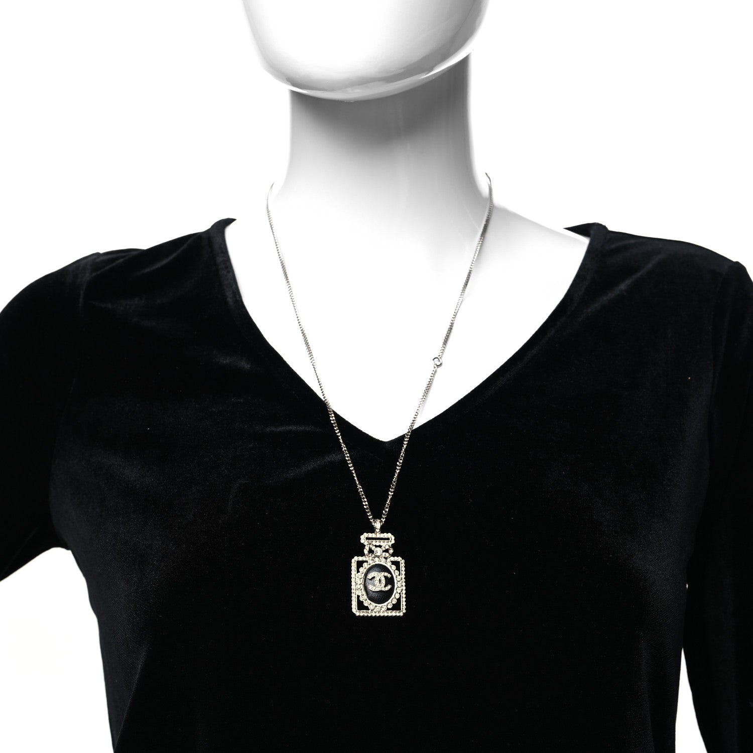 Chanel Crystal CC Perfume Bottle Necklace Black Silver 2 of 5