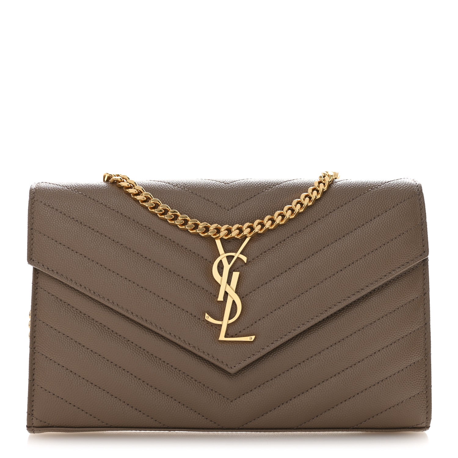 Saint Laurent Grain De Poudre Matelasse Chevron Monogram Chain Wallet Dark Beige 1 of 12
