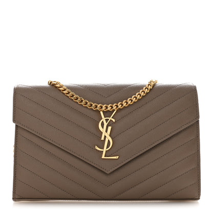 Saint Laurent Grain De Poudre Matelasse Chevron Monogram Chain Wallet Dark Beige 1 of 12