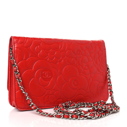 Chanel Lambskin Camellia Embossed Wallet on Chain WOC Red 3 of 13