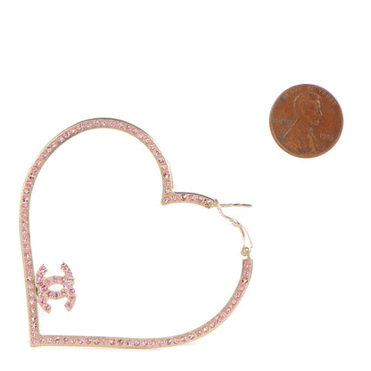 Chanel Swarovski Crystal CC Heart Hoop Earrings Pink 2 of 5