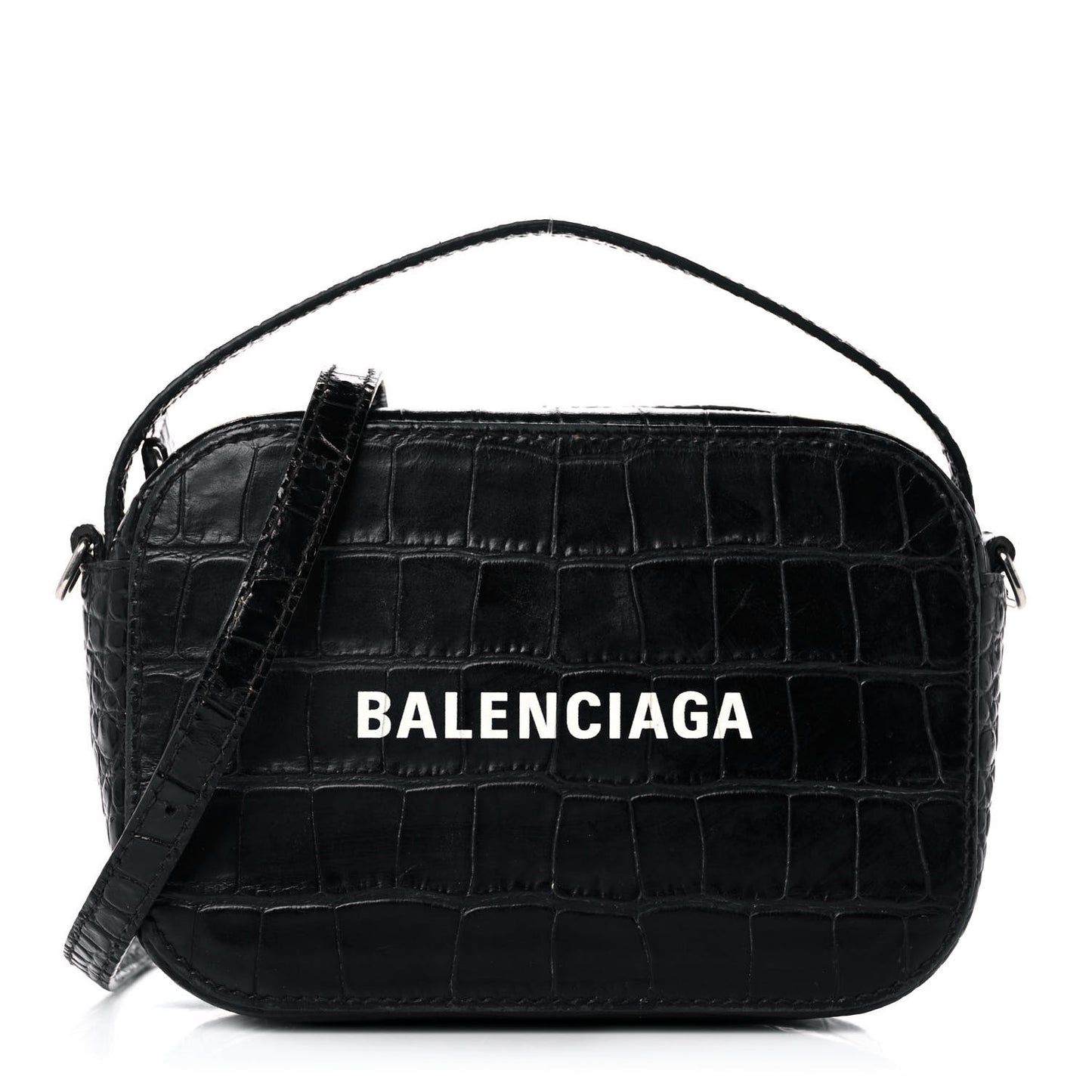Shiny Calfskin Logo Crocodile Embossed XS Everyday Camera Bag with Handle Black