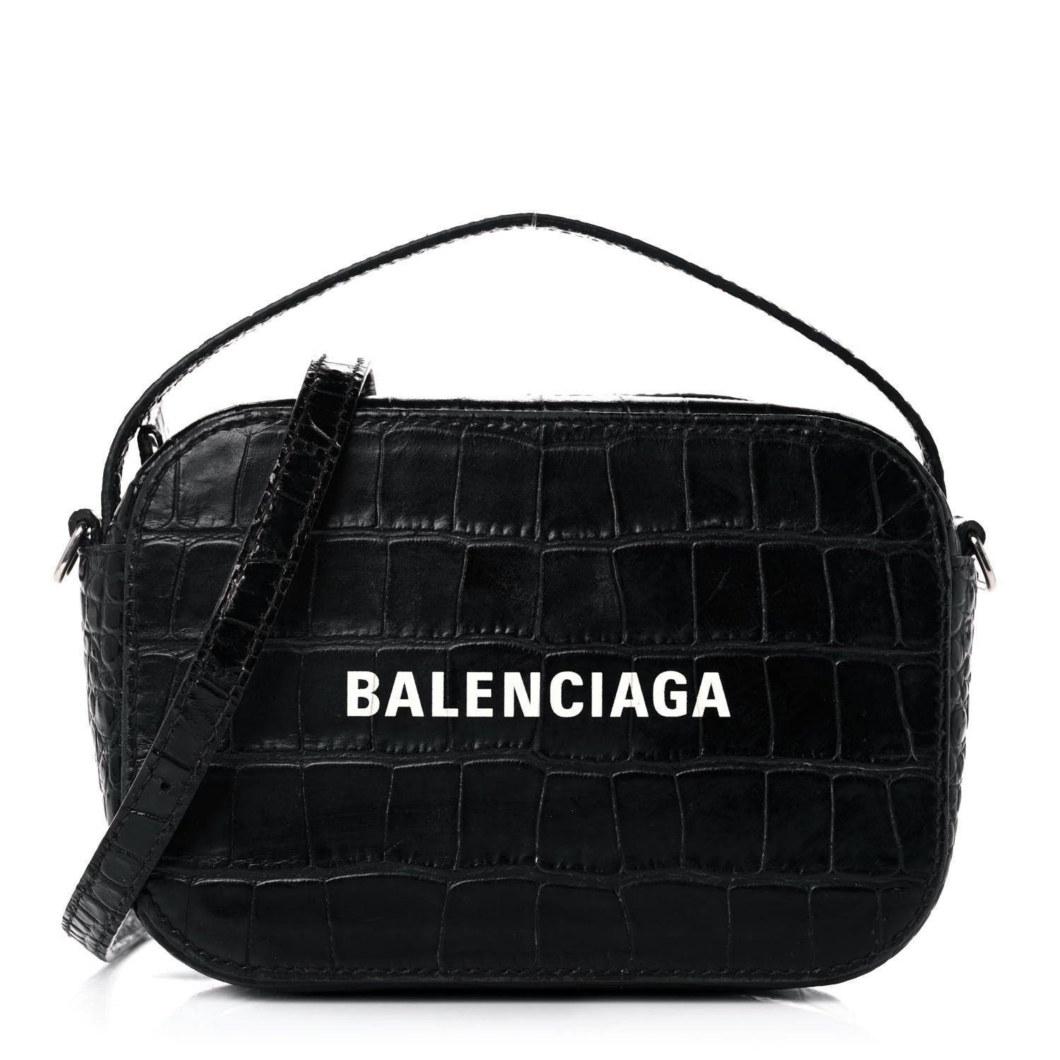 Balenciaga Shiny Calfskin Logo Crocodile Embossed XS Everyday Camera Bag with Handle Black 1 of 17