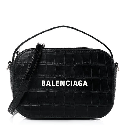 Balenciaga Shiny Calfskin Logo Crocodile Embossed XS Everyday Camera Bag with Handle Black 1 of 17