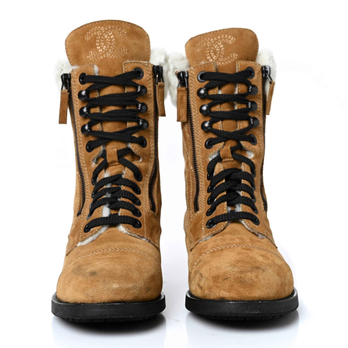 Suede Calfskin Shearling Quilted CC Tall Lace Up Combat Boots 37
