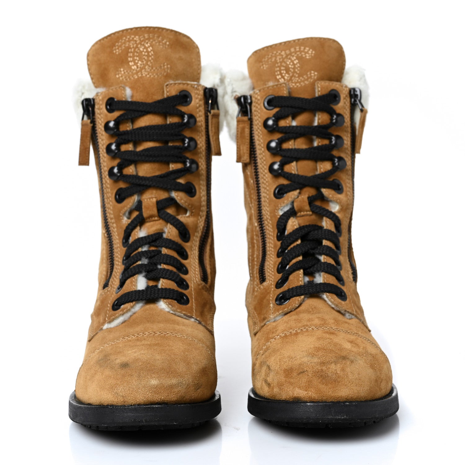 Chanel Suede Calfskin Shearling Quilted CC Tall Lace Up Combat Boots 37 2 of 8