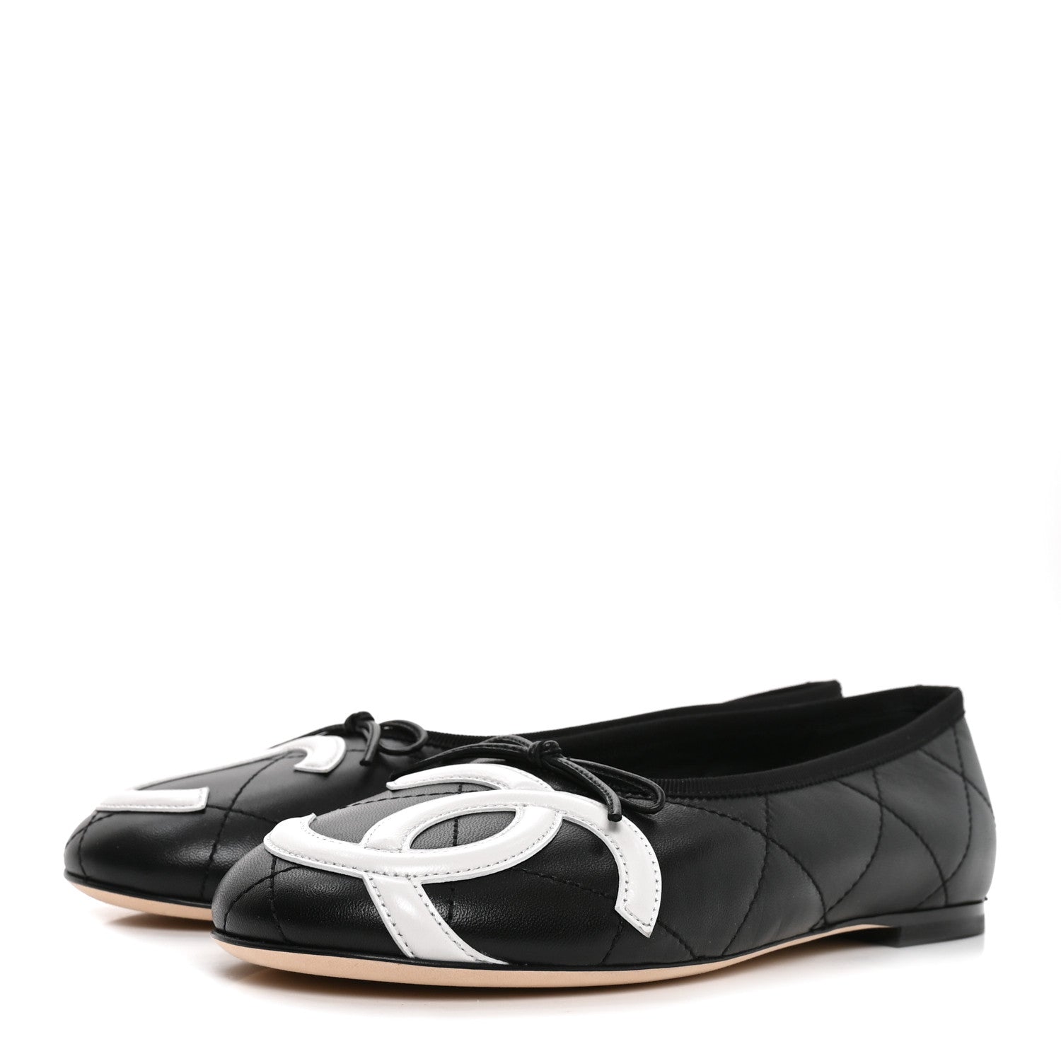 Chanel Lambskin Quilted CC Cambon Ballet Flats 37.5 Black White 4 of 9
