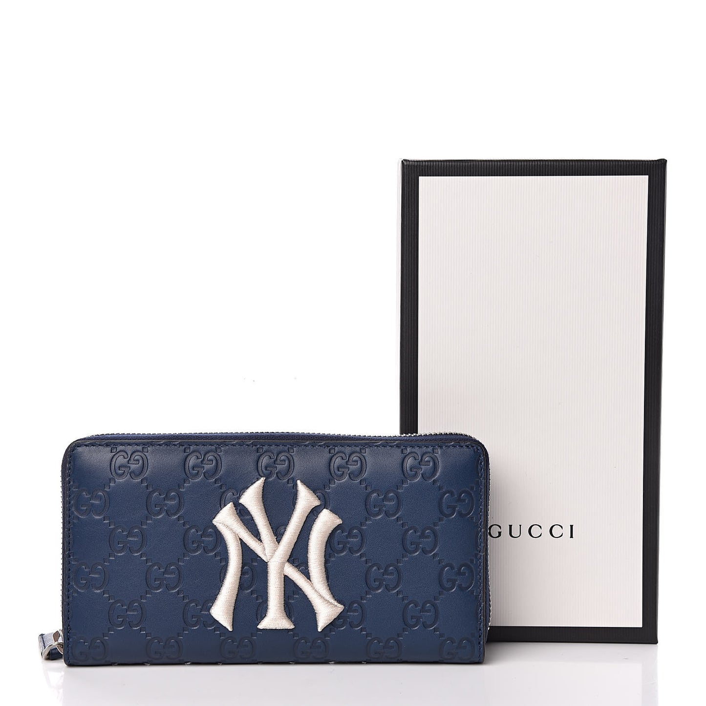X MLB Guccissima Signature NY Yankees Embroidered Zip Around Wallet Royale Ivory