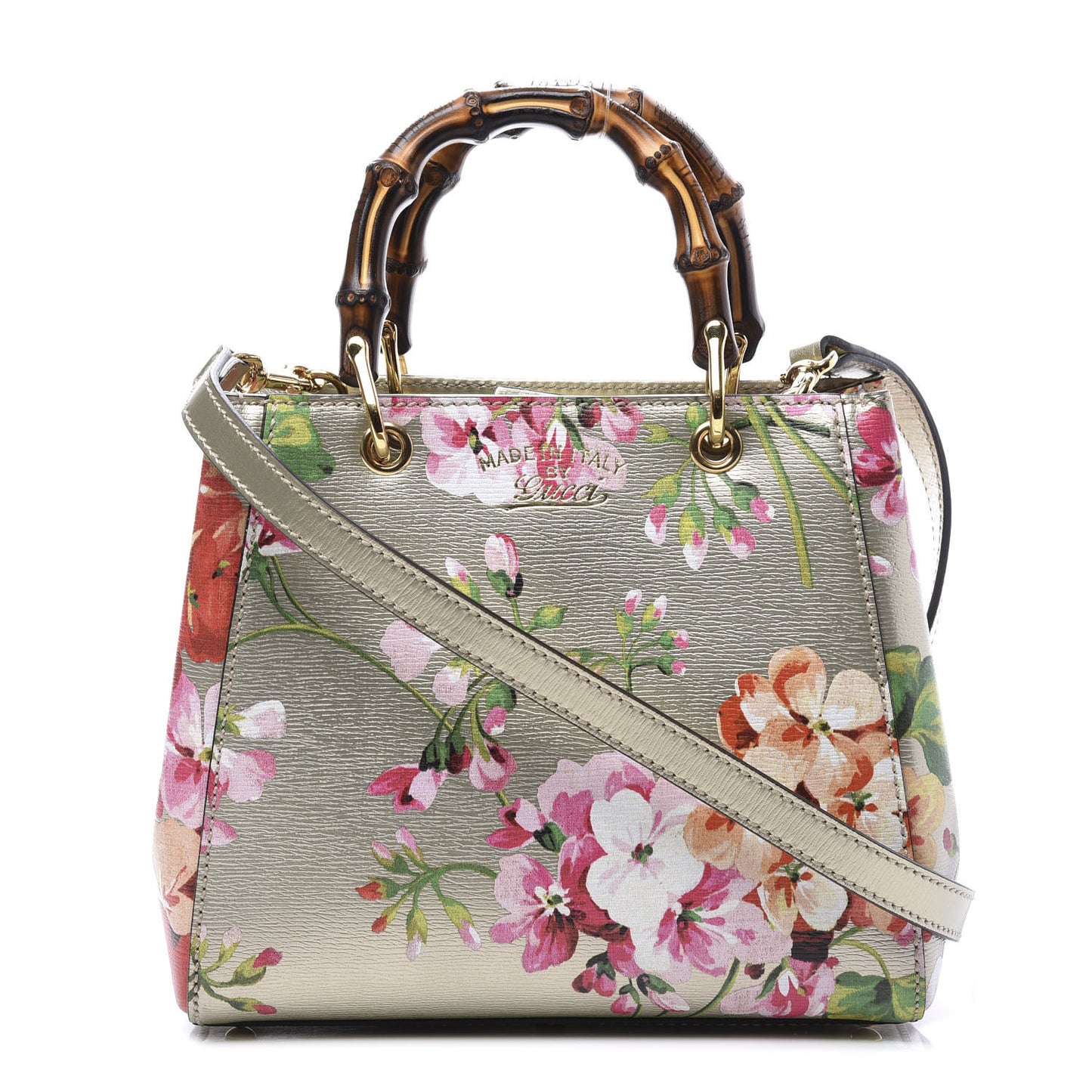 Metallic Shangai Calfskin Blooms Print Mini Bamboo Shopper Tote Gold Multicolor