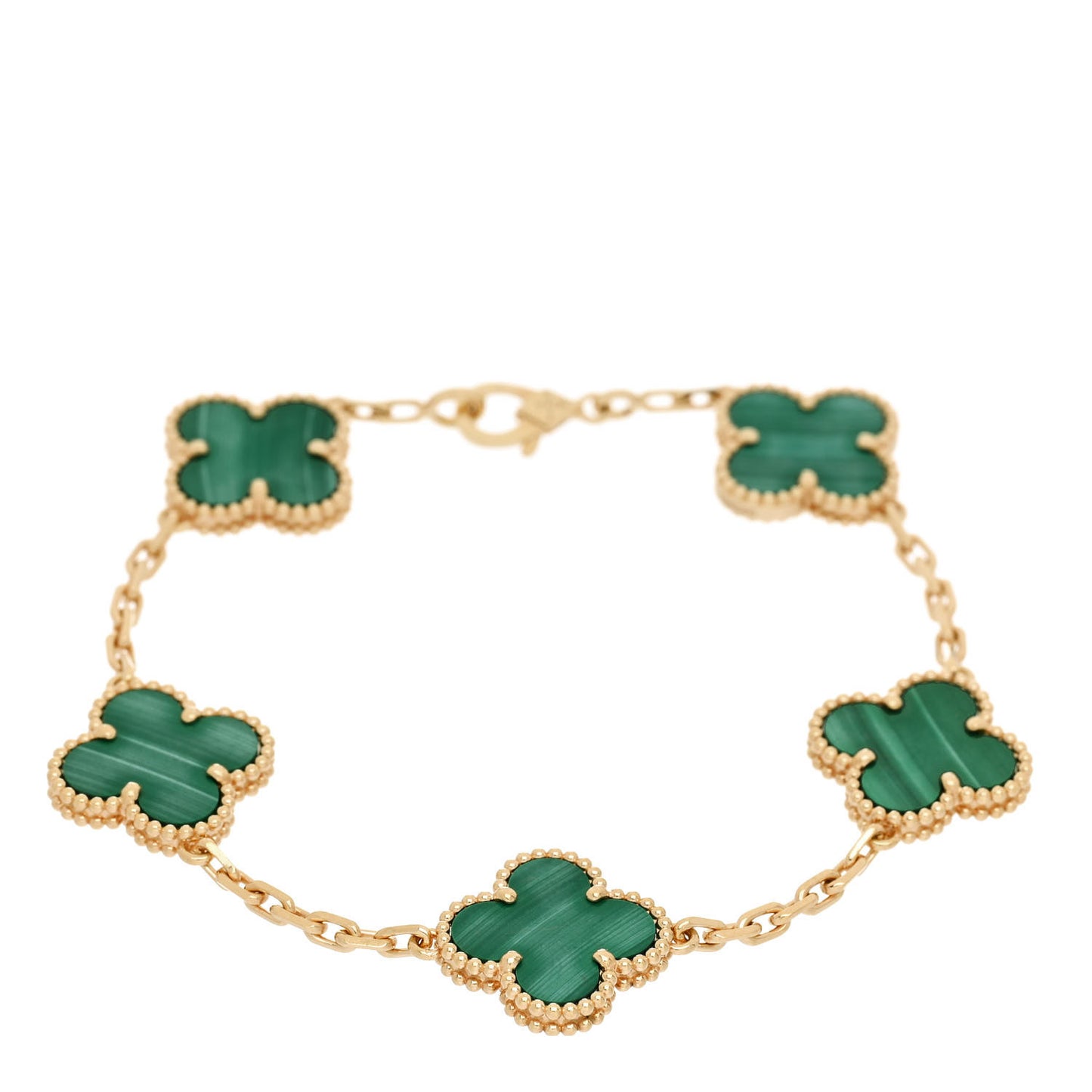 18K Yellow Gold Malachite 5 Motifs Vintage Alhambra Bracelet