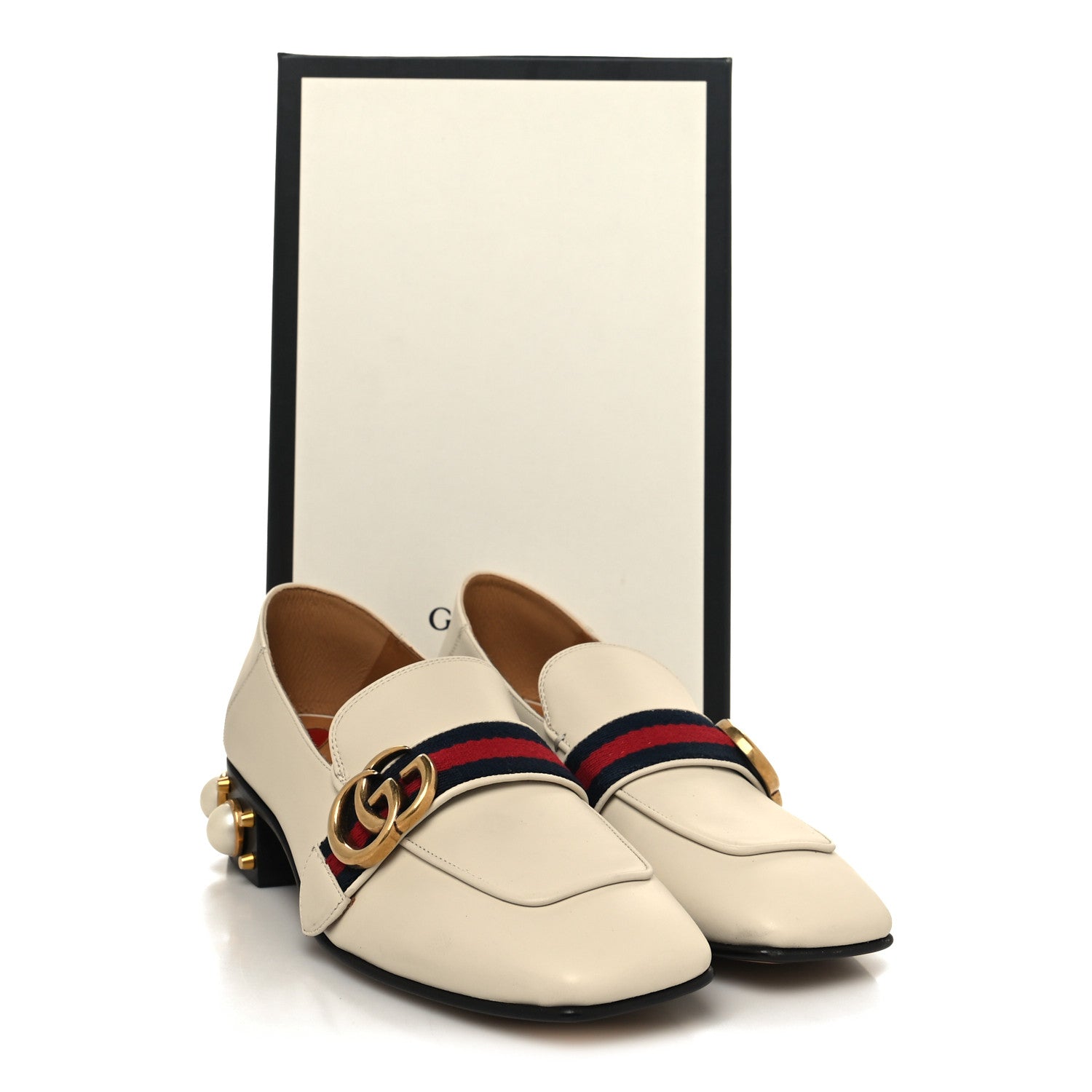 Gucci Betis Glamour Calfskin Web Pearl Embellished Peyton 35mm Loafer Pumps 36.5 Mystic White 10 of 10