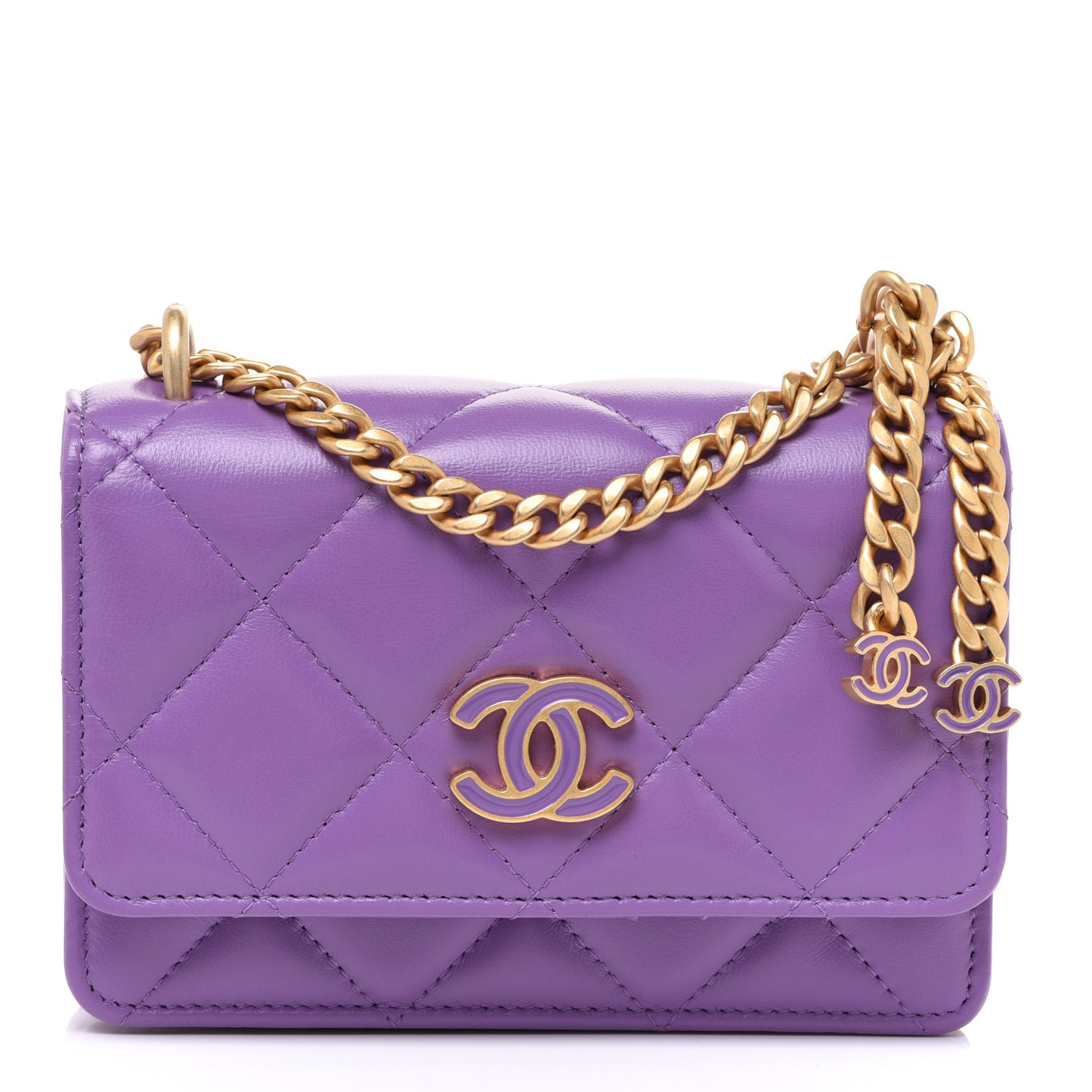 Lambskin Enamel Quilted Pending CC Clutch With Chain Purple