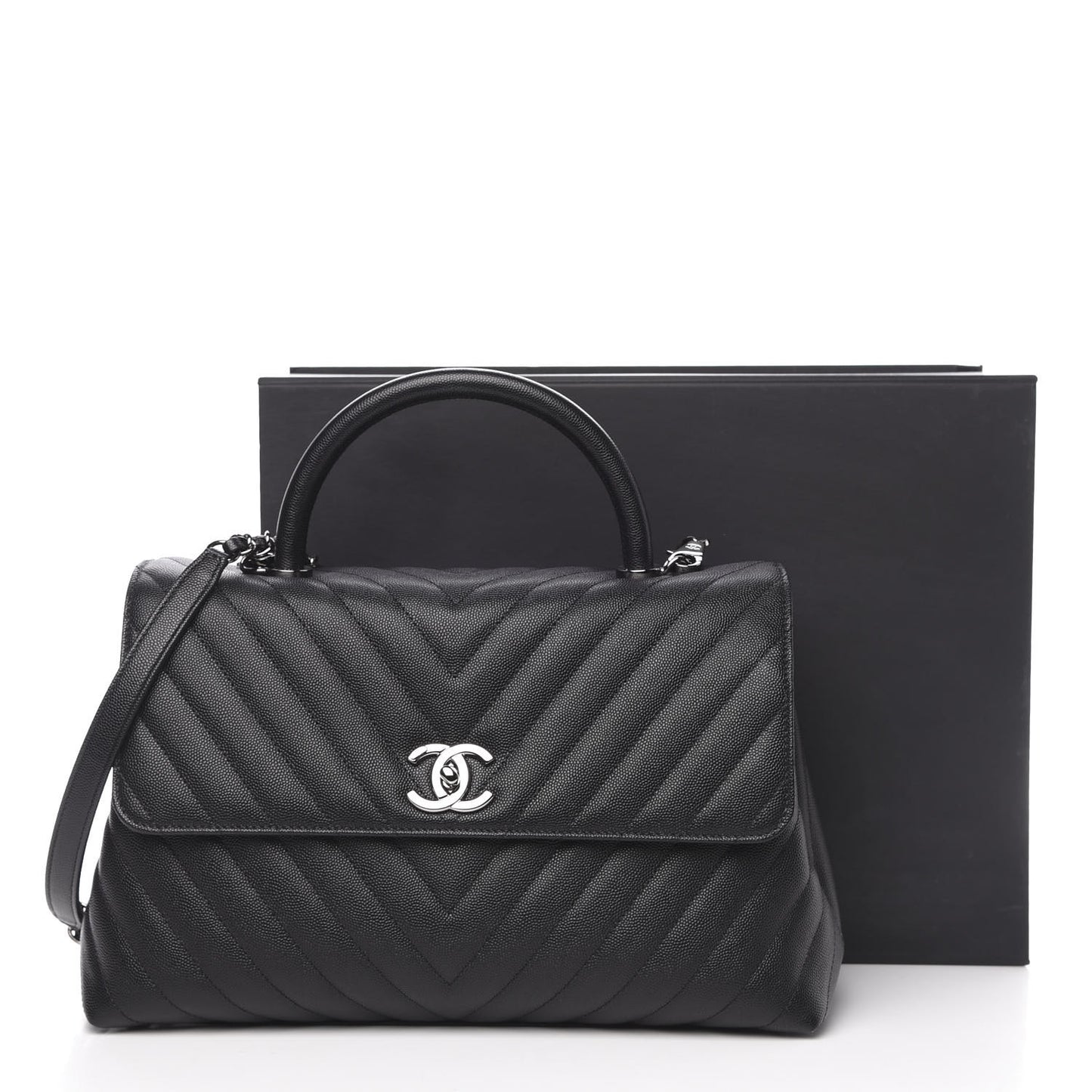 Caviar Chevron Quilted Medium Coco Handle Flap Black