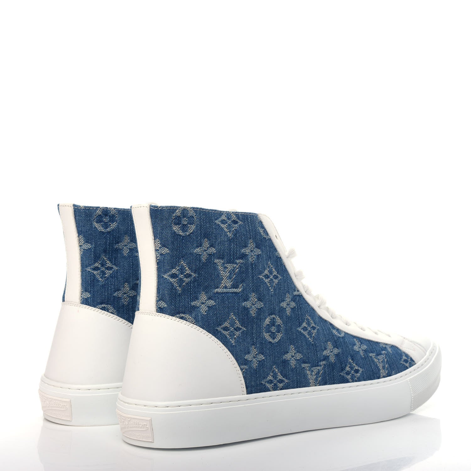 Louis Vuitton Calfskin Denim Monogram Mens Tattoo Sneaker Boots 11 Blue White 4 of 12