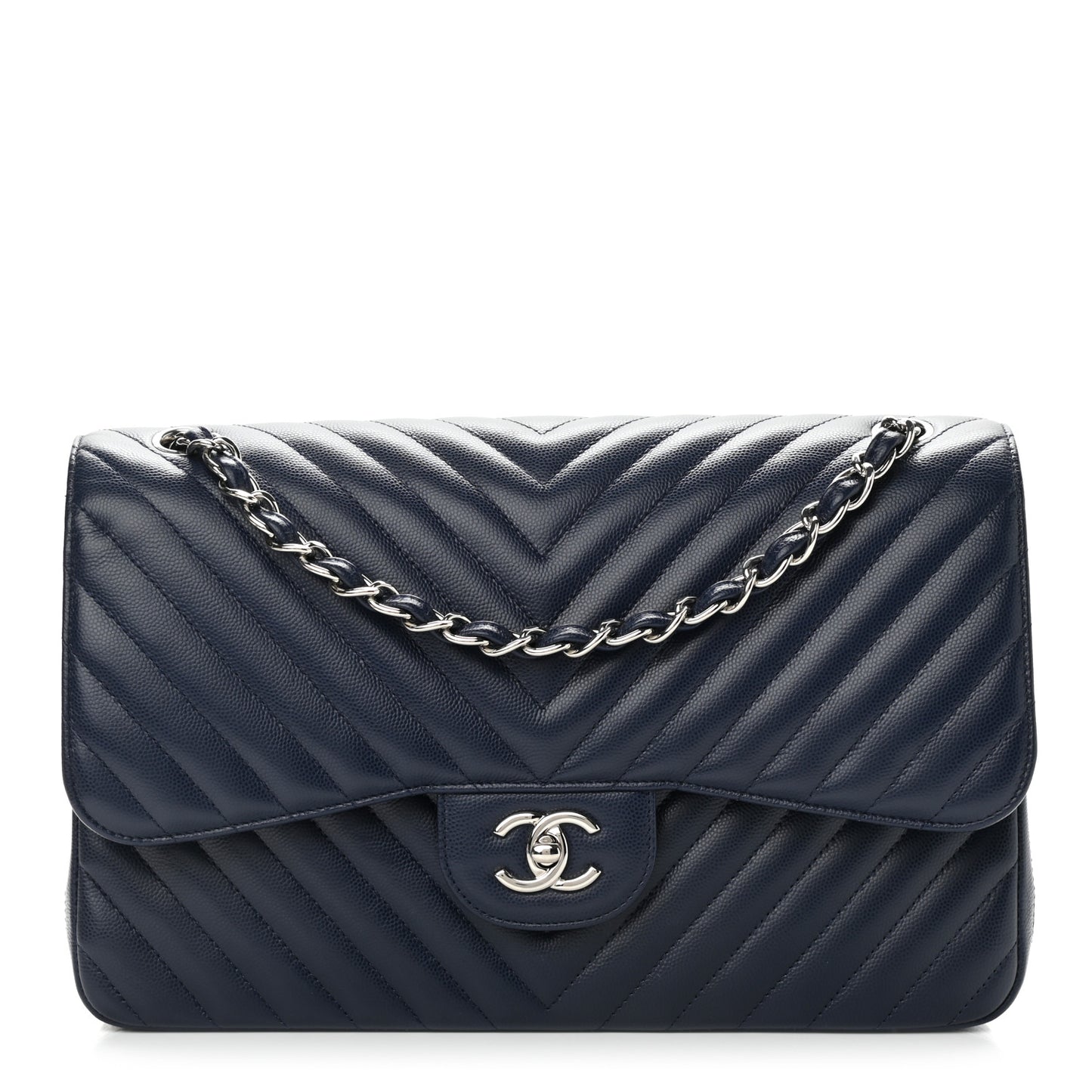 Caviar Chevron Quilted Jumbo Double Flap Navy