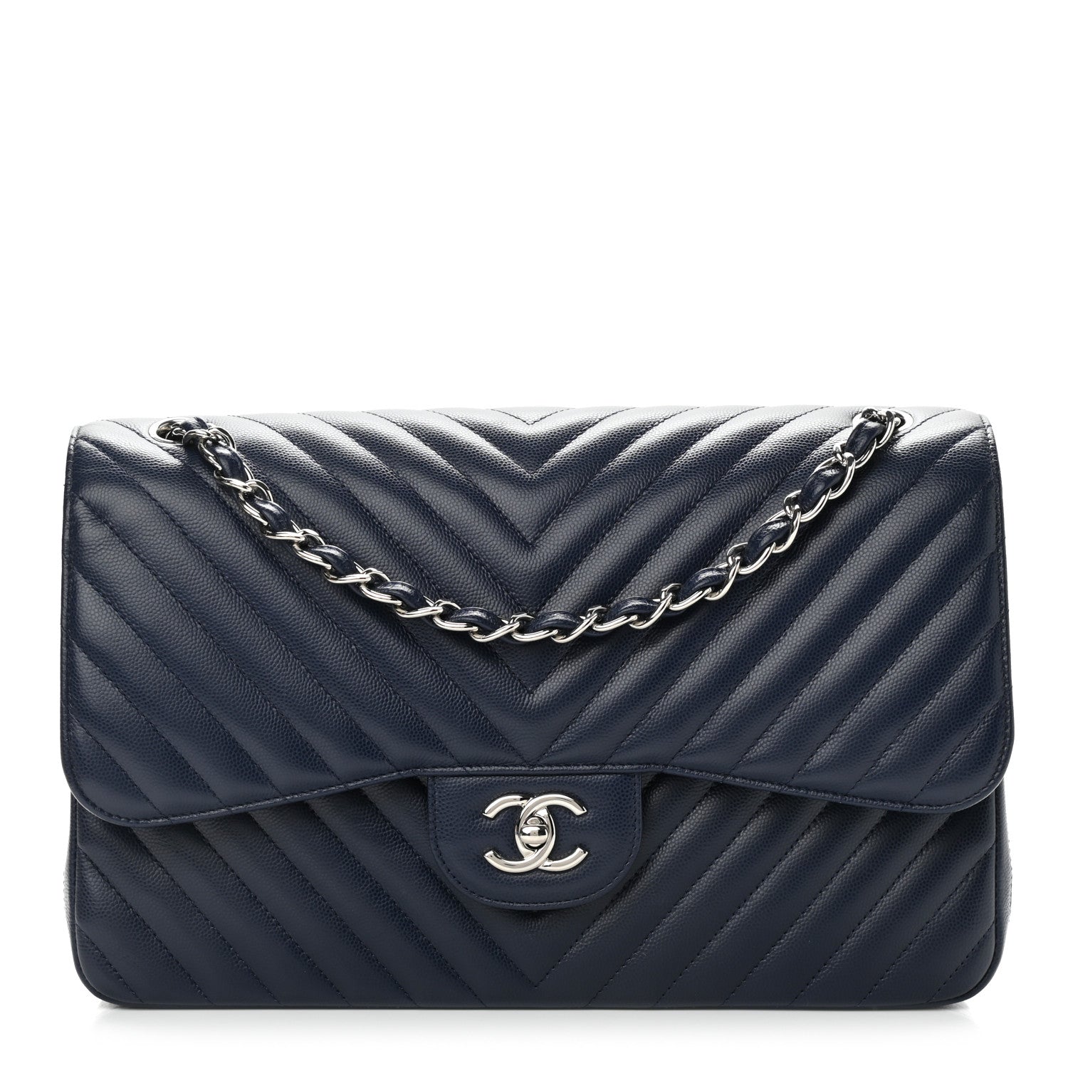 Chanel Caviar Chevron Quilted Jumbo Double Flap Navy 1 of 12