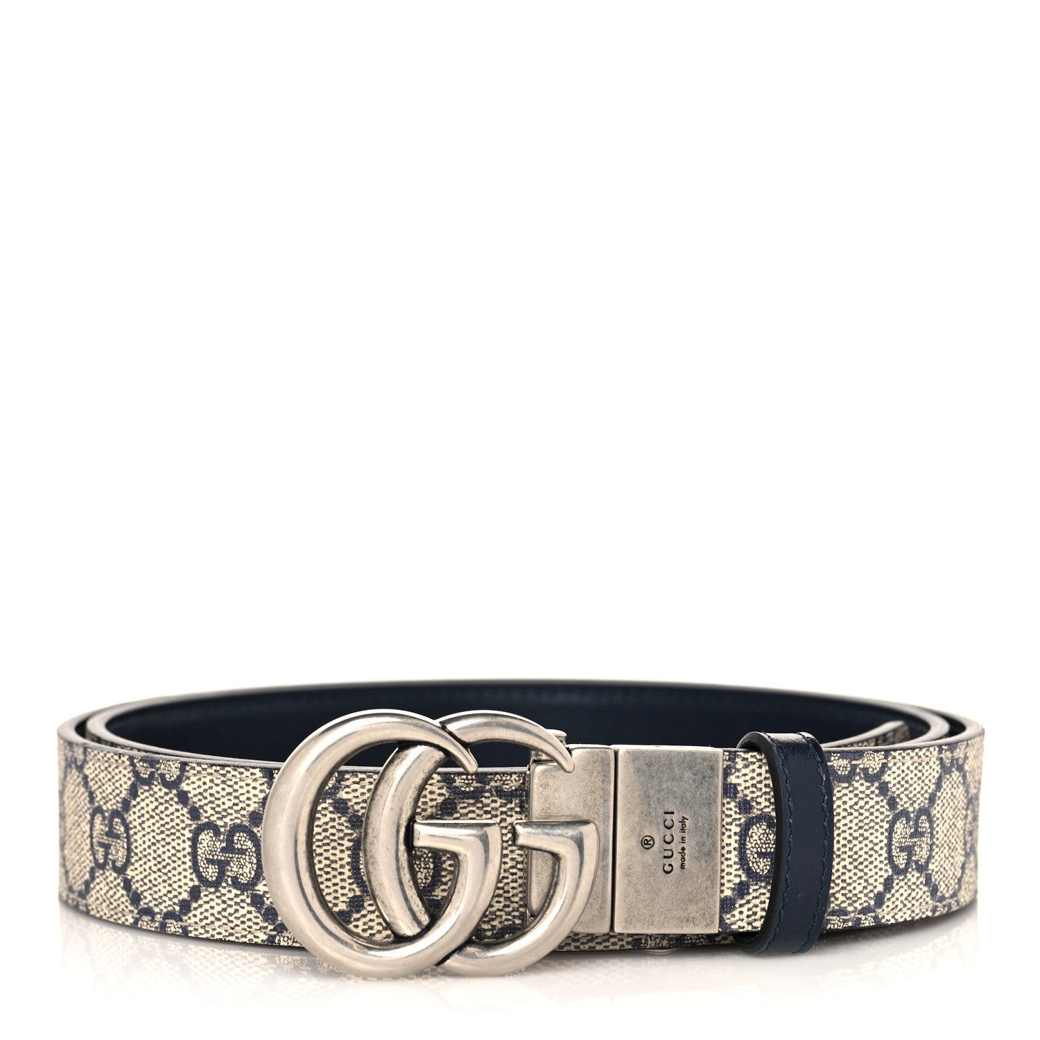 Gucci GG Supreme Monogram Plutone Calfskin Palladium Double G Reversible 30mm Belt 90 36 Beige Blue 1 of 7