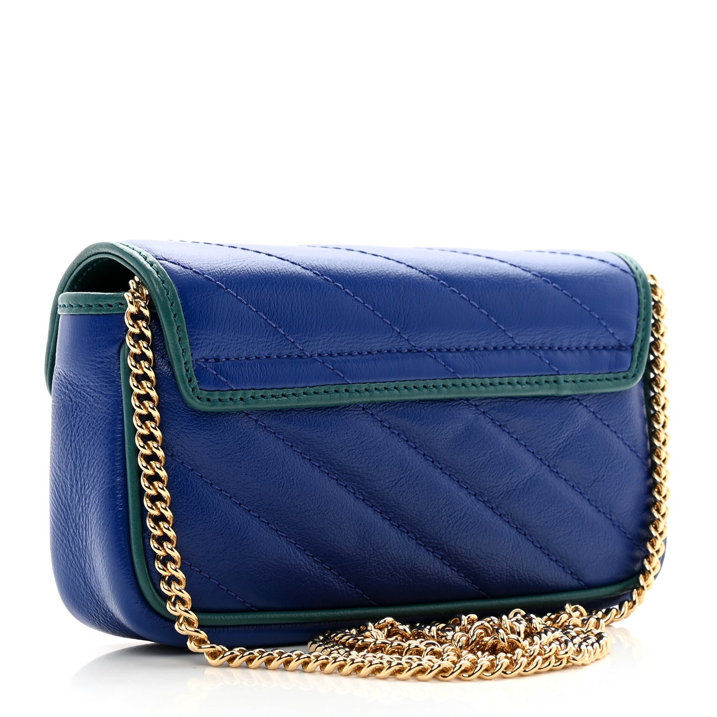 Azalea Calfskin Enamel Matelasse Diagonal Super Mini Torchon GG Marmont Shoulder Bag Imperial Blue Pavone