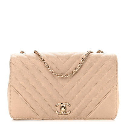 Chanel Metallic Caviar Chevron Quilted Medium Statement Flap Beige 1 of 9