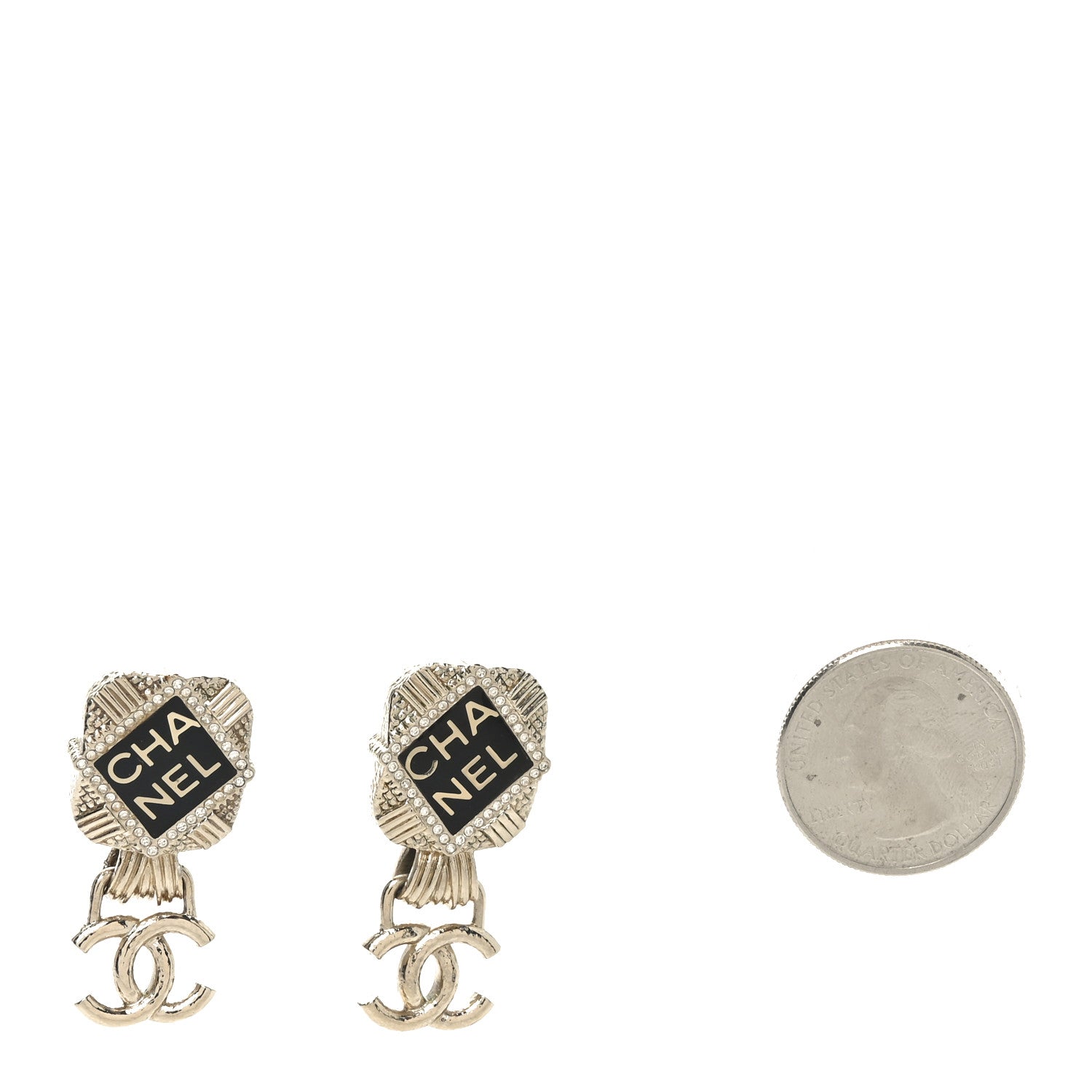 Chanel Resin Crystal Quilted CC Drop Earrings Gold Black 2 of 4