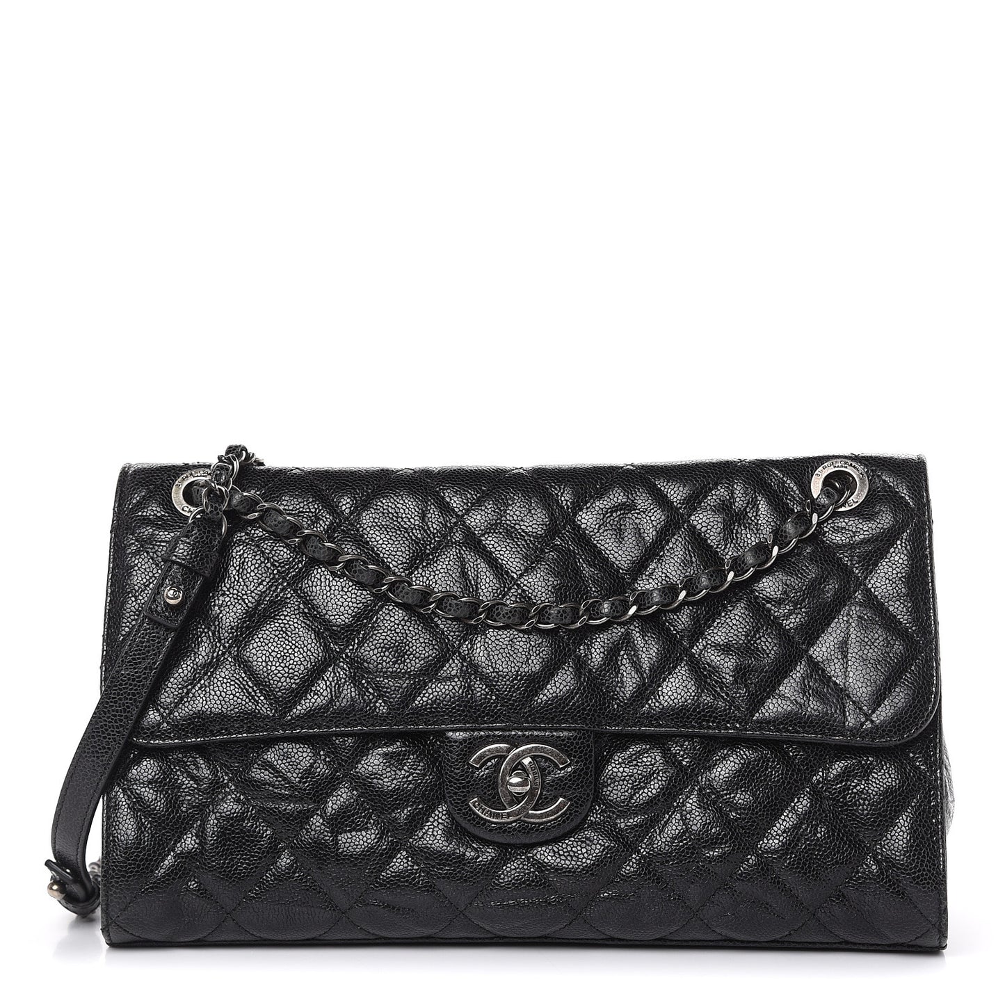Crumpled Grained Calfskin Jumbo CC Crave Flap Black