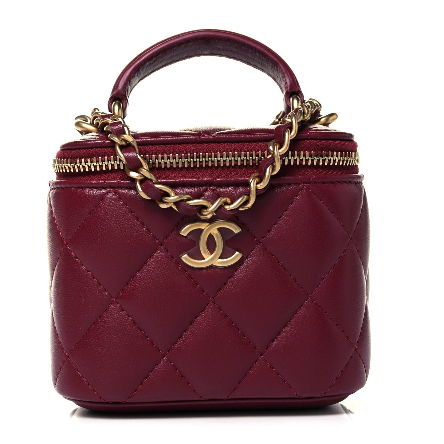 Lambskin Quilted Top Handle Mini Vanity Case With Chain Burgundy