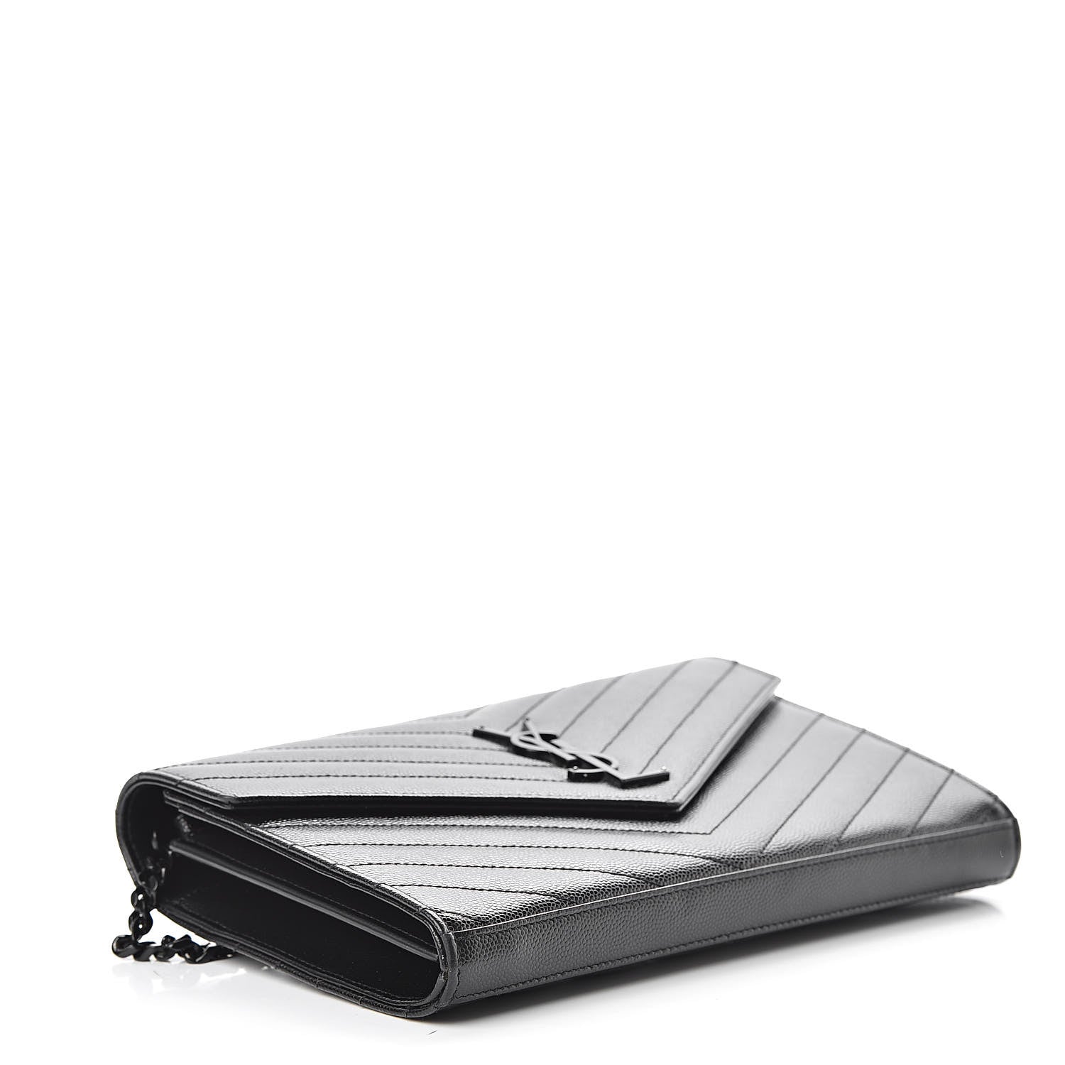 Saint Laurent Grain De Poudre Matelasse Chevron Monogram Chain Wallet Black 4 of 12
