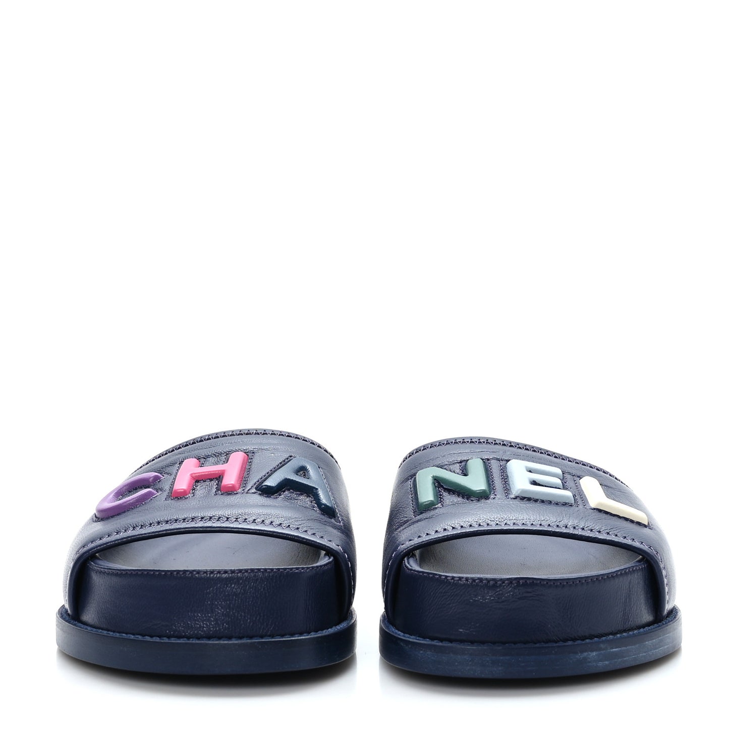 Lambskin Cha-Nel Mule Sandals 37 Navy Multicolor