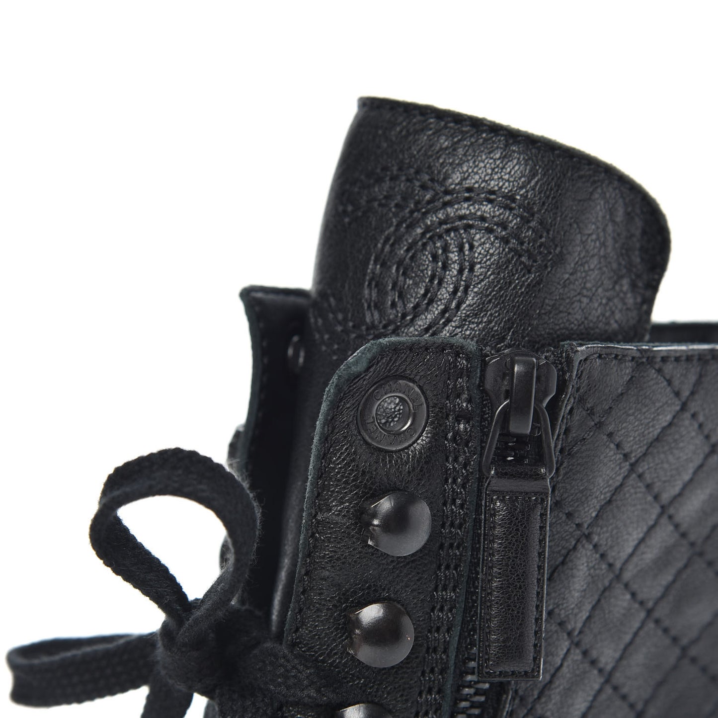 Calfskin Quilted Lace Up Combat Boots 37.5 Black