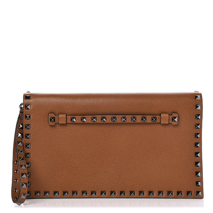 Valentino Garavani Pebbled Calfskin Rockstud Wristlet Clutch Brown 1 of 6