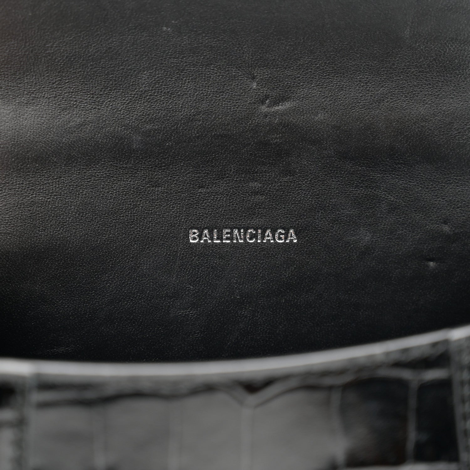 Balenciaga Shiny Calfskin Monochrome Crocodile Embossed Hourglass Top Handle Bag XS Black 6 of 10