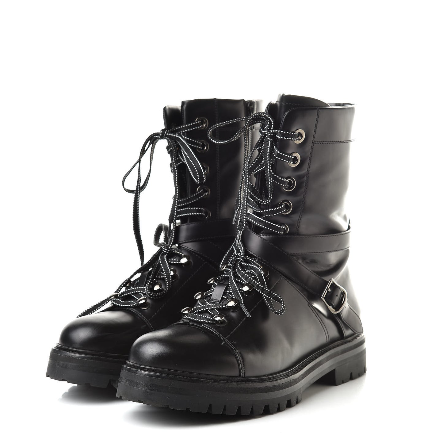 Smooth Calfskin Rockstud Buckled 25mm Combat Boots 40 Black
