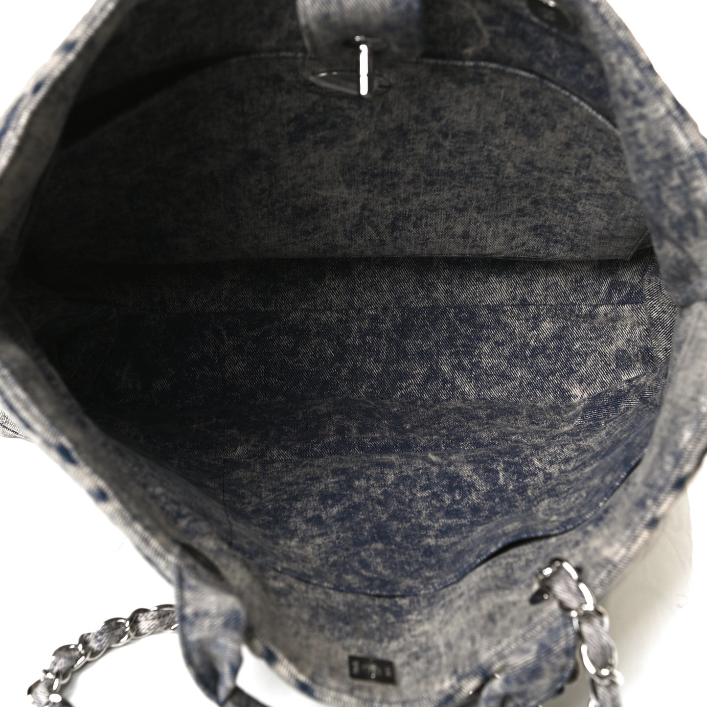 Denim Embossed CC Logo Print Shopping Tote Navy Blue