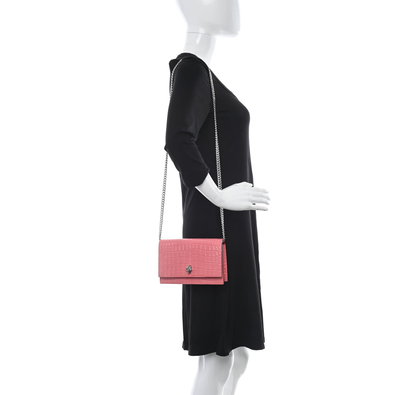 Alexander McQueen Calfskin Crocodile Embossed Skull Mini Crossbody Bag Pink 2 of 9