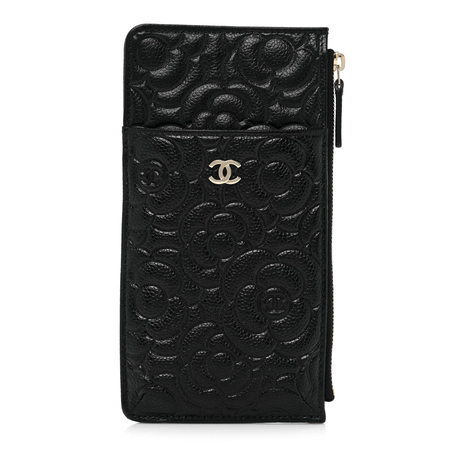 Caviar Camellia Embossed Classic Flat Wallet Pouch Black