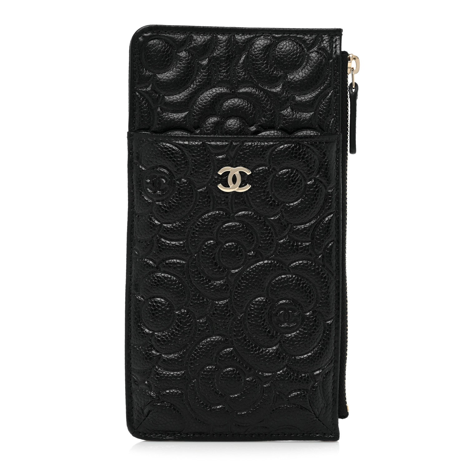 Chanel Caviar Camellia Embossed Classic Flat Wallet Pouch Black 1 of 9