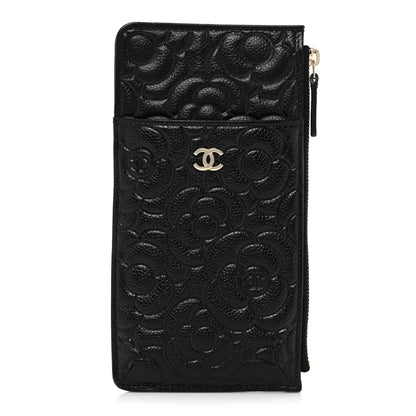 Chanel Caviar Camellia Embossed Classic Flat Wallet Pouch Black 1 of 9