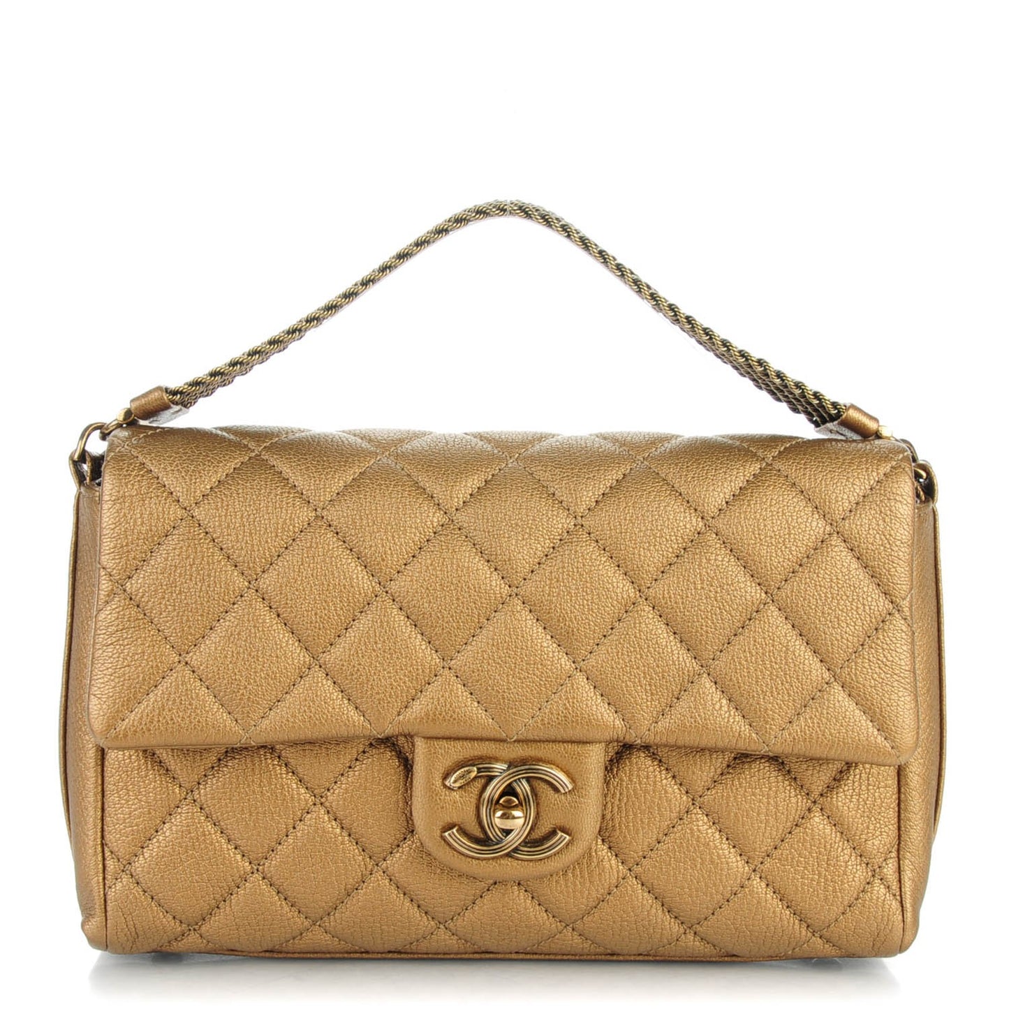 Metallic Goatskin Quilted Chain Handle Flap Dark Gold