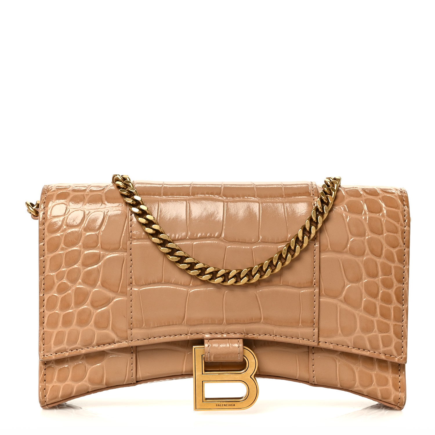 Balenciaga Shiny Calfskin Crocodile Embossed Hourglass Chain Bag Nude Beige 1 of 11