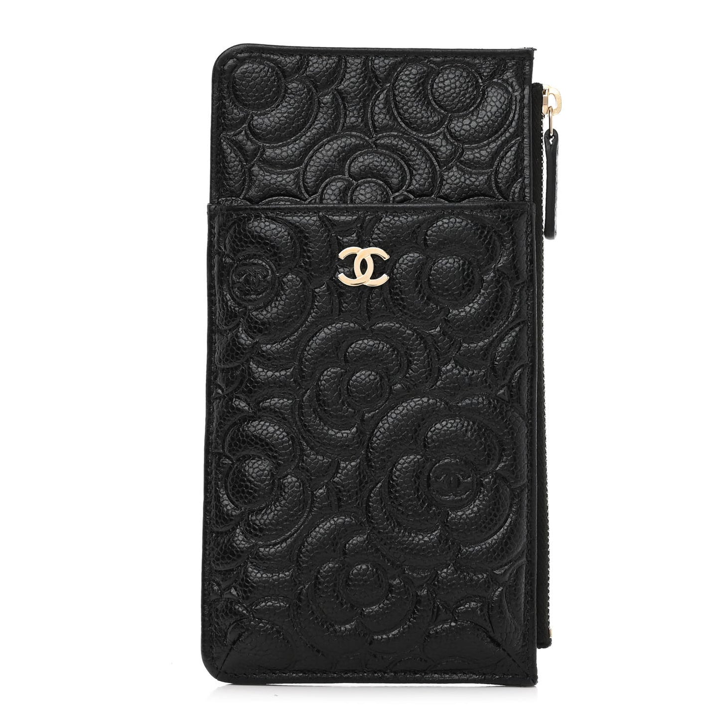 Caviar Camellia Embossed Classic Flat Wallet Pouch Black