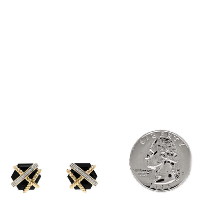 David Yurman 18K Yellow Gold Diamond Onyx 10mm Cable Wrap Earrings 2 of 4