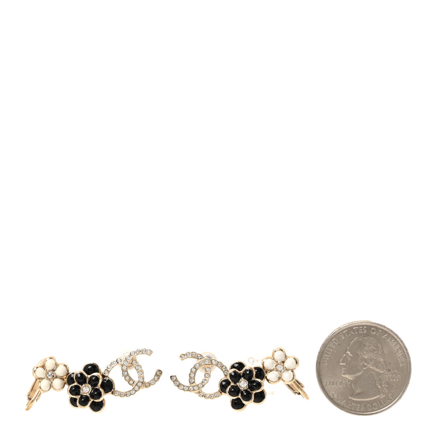 Chanel Crystal Enamel CC Camelia Clip On Earrings Black White 2 of 4