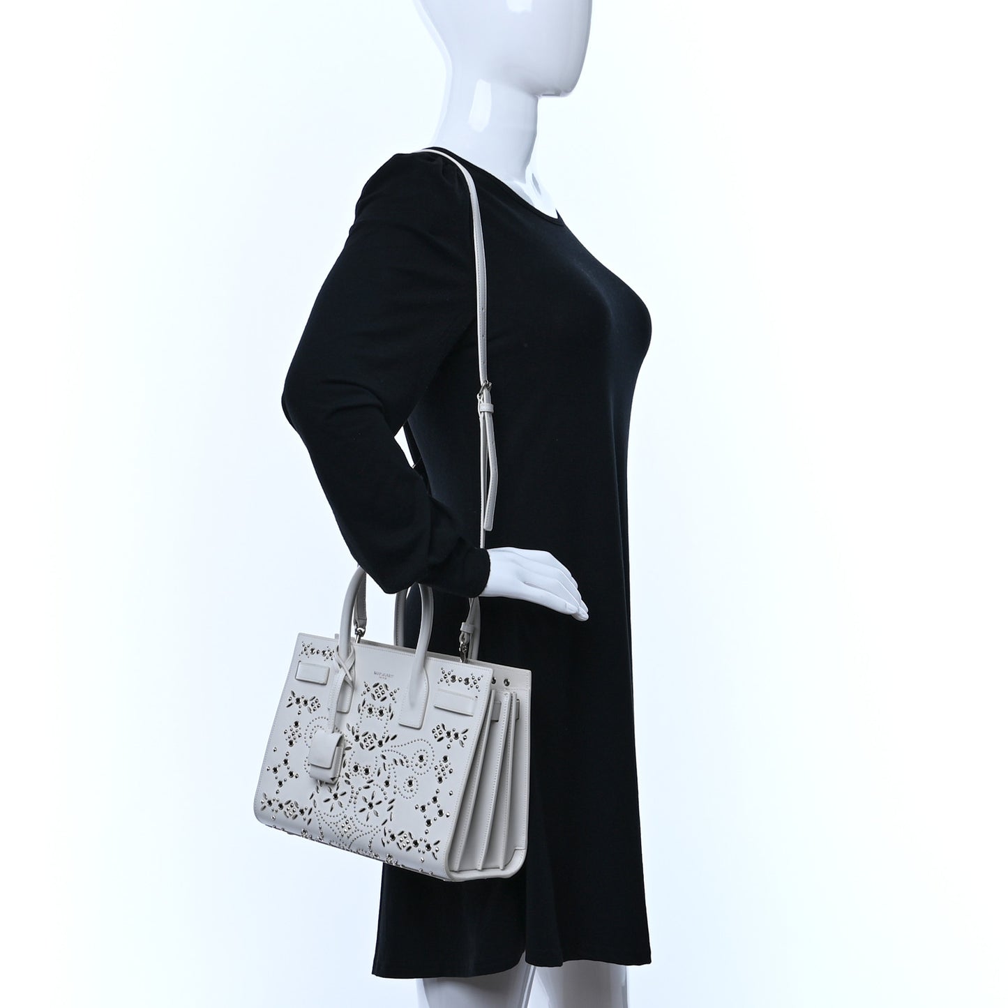 Calfskin Perforated Studded Baby Sac De Jour White
