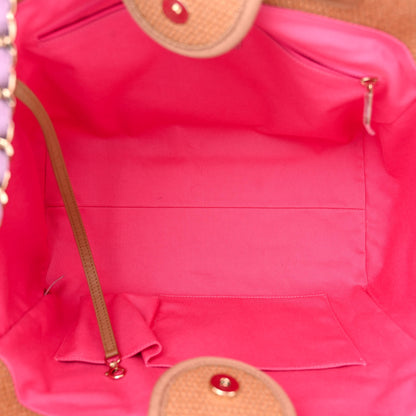 Chanel Straw Raffia Calfskin Striped Medium Deauville Tote Dark Beige Fuchsia Navy Blue 5 of 10